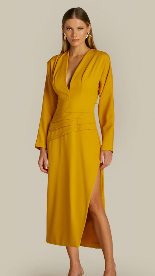 VESTIDO PREGAS AMARELO